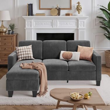 Г-подібний 3-місний кутовий диван Xbro з висувною підставкою для ніг, невеликий кутовий диван з м&39якої вельветової тканини, 188 136,5 89 см, темно-сірий/чорний