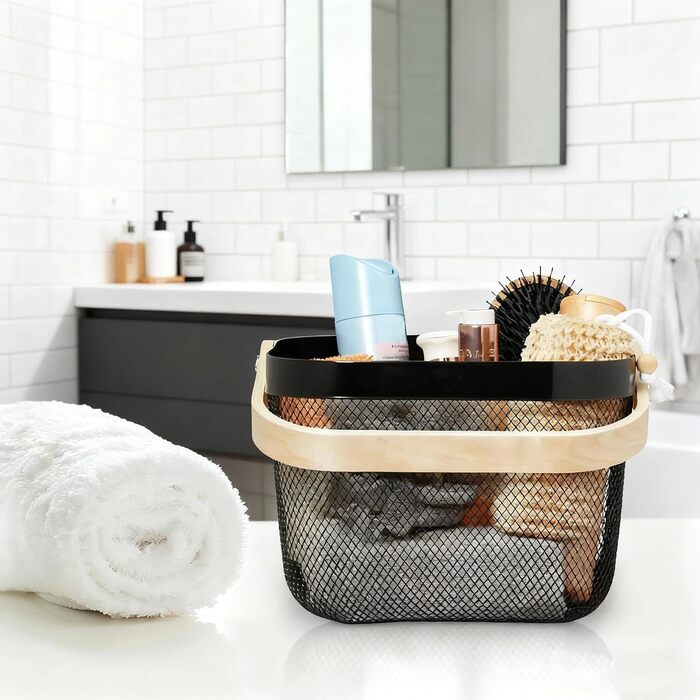 Дротяний кошик з ручкою, кошик для перенесення в стилі лофт, кошики для садового врожаю, квадратний кошик для зберігання, для ванної кімнати, кухні, пікніка, 2 предмети, 18 x 24,5 x 24,5 см (чорний)