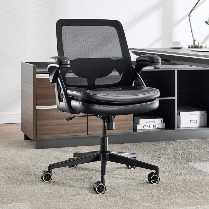 Офісний стілець, стілець для столу, обертовий стілець із сітчастою оббивкою, ергономічний, поперекова підтримка, сидіння 72 см, складні підлокітники, для офісу, домашнього офісу, кабінету, чорний