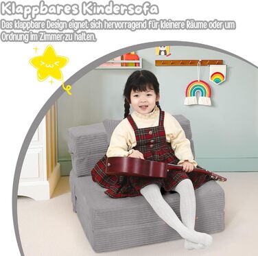 Диван MeMoreCool Cord Play, Дитячий диван, Дитячий диван Glow, Дитячий розкладний диван, Диван-фліп, Дитячий диван, Z-подібне ліжко, Розкладний дитячий диван, Ліжко на підлогу, Розкладний диван для ігрової кімнати, Сірий шнур сірого кольору