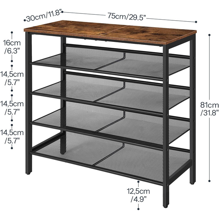 Взуттєва полиця HOOBRO, 5-ярусне зберігання взуття, взуттєва шафа, регульована металева сітчаста полиця, містка верхня частина, на 16-20 пар, вхід, коридор, індустріальний колір, вінтажний коричнево-чорний EBF12XJ01 темно-коричневий чорний 75 x 30 x 81 см