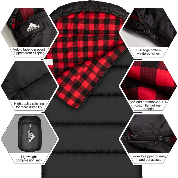 Бавовняний фланелевий спальний мішок для дорослих, спальний мішок зі 100 бавовняною підкладкою для кемпінгу, походів, подорожей з рюкзаком, легкий та портативний, 3-4 сезони в теплу погоду, чорний/червоний