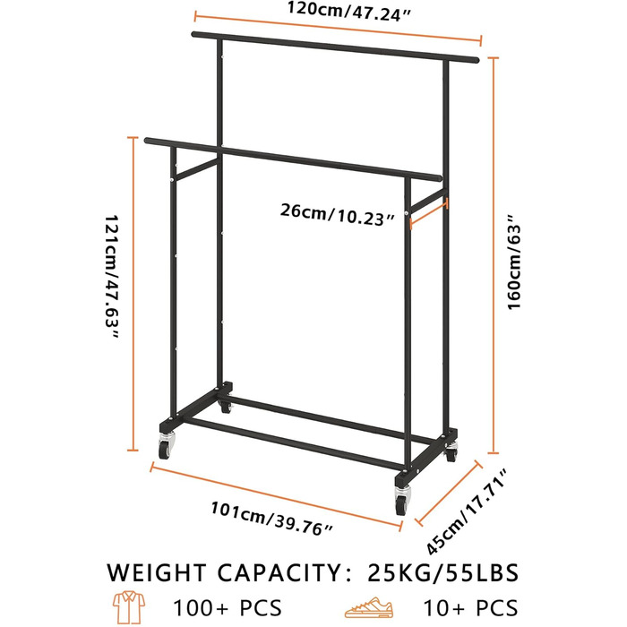 Вішалка для одягу Calmootey з подвійною штангою - на колесах та портативна для спальні, вітальні, магазину одягу - чорна