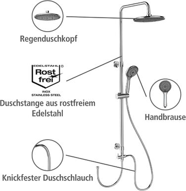 Душова система WENKO Watersaving, Душова штанга з водозберігаючим дощовим душем і ручним душем, Регульована висота, Нержавіюча сталь, 75-120 см, Хром