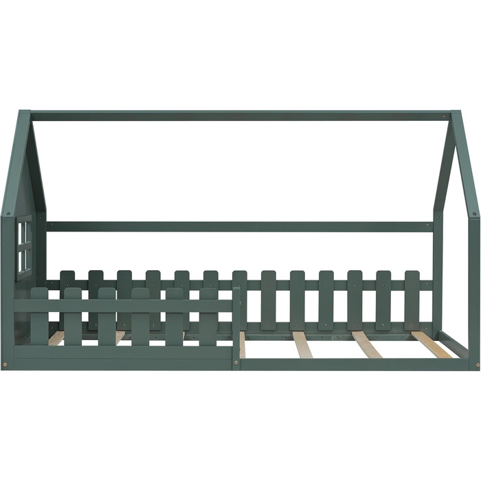 Дитяче ліжко-будиночок 90x200, підлогове ліжко із захистом від падіння та рейковою основою, дерев&39яне ліжко для хлопчиків та дівчаток, зелене без матраца