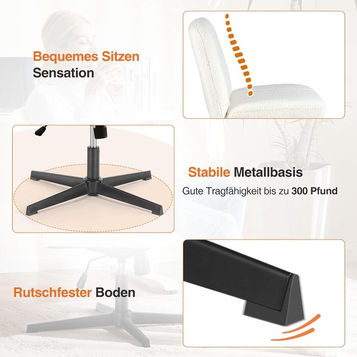 Офісне крісло Sweetcrispy без підлокітників, стілець для столу з плюшевим оксамитом, крісло для читання з ширшою подушкою для сидіння зі схрещеними ногами, регульована висота, поворотне крісло на 360 для дому, бежевий оксамит