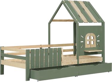 Дитяче ліжко 90x200 см, дерев&39яне ліжко з 2 шухлядами, ліжко-будиночок з дахом та вікном, каркас ліжка з рейковою основою, для дівчаток та хлопчиків, зелене, без матраца 90 x 200 см B