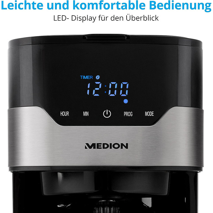 Кавоварка MEDION з термосом і таймером (кавоварка з фільтром, 8 чашок, 1,2 л, 900 Вт, 3 рівня, функція збереження тепла, таймер, а