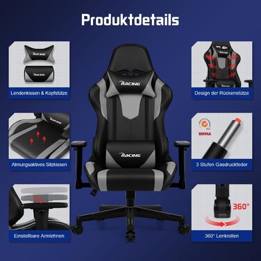 Ігрове крісло Homimaster, ергономічне офісне крісло з регульованою поперековою подушкою, подушкою для підголівника та підлокітника