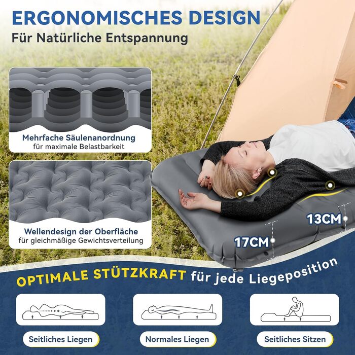 Килимок для сну HIKENTURE, 13 см ультратовстий кемпінговий килимок для сну з подушкою, надувний повітряний матрац, невеликий розмір упаковки, ультралегкий килимок для сну з ножним насосом для використання на свіжому повітрі, для походів, для намету, сірий