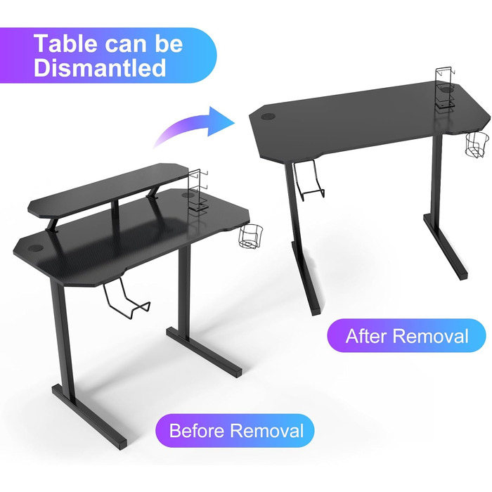 Ігровий стіл з підставкою для монітора, Т-подібний стіл, чорний, ергономічний комп&39ютерний стіл, покриття з вуглецевого волокна, ігровий ПК, тримач для напоїв, підставка для геймпада, тримач для навушників, 100x54x74 см