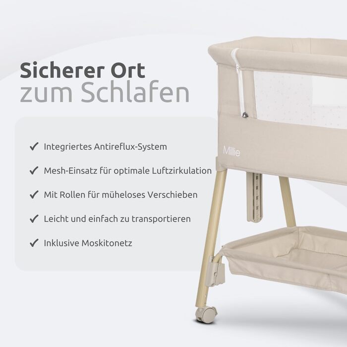 Дитяче ліжечко Lorelli Baby Millie, колиска зі складною бічною панеллю, регульоване по висоті дитяче ліжечко з матрацом, складне приліжкове ліжечко, бежевий колір