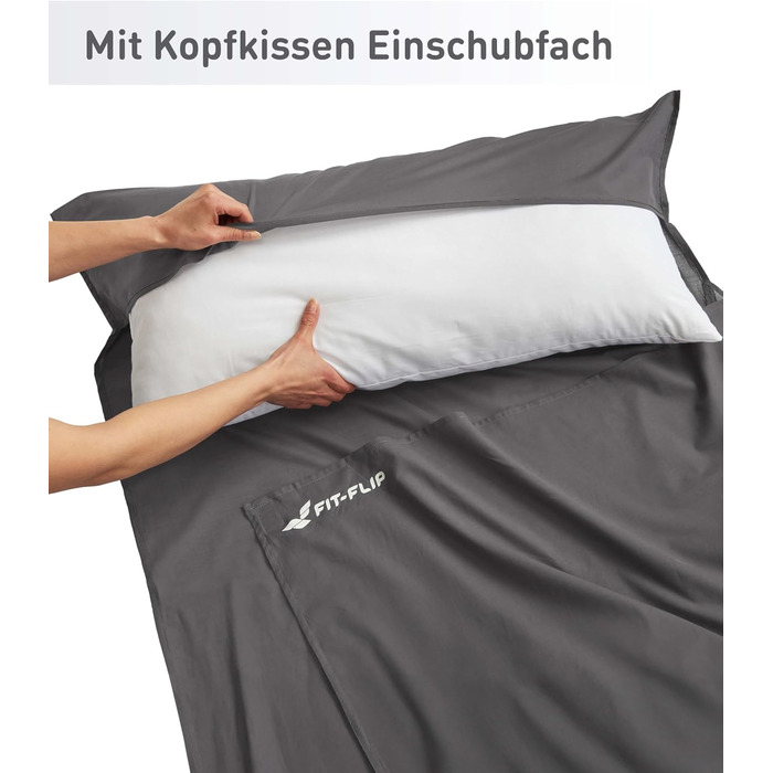 Підкладка для спального мішка Fit-Flip з бавовни або мікрофібри - надлегкий внутрішній спальний мішок - тонкий дорожній спальний мішок - компактний, маленький та шовковисто-м&39який - підкладка для спального мішка з кишенею для подушки, бавовна, темно-сір