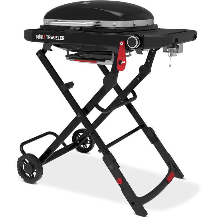 Компактний газовий гриль Weber Traveler з розкладним підставкою та колесами, модель 2026 року