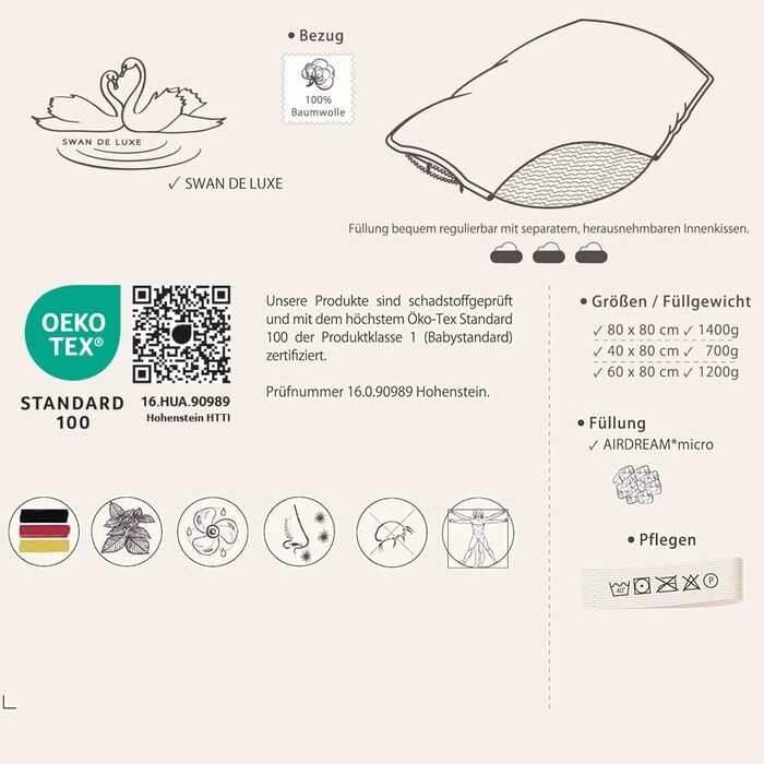 Дизайнерська подушка sei kotex 80x80 Бавовняна подушка SWAN de Luxe - Подушка для сну з пуховим покриттям 80 x 80 см Swan De Luxe 1