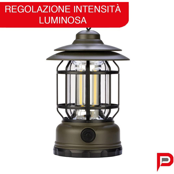 Акумуляторний світлодіодний вуличний ліхтар, ретро-дизайн - Багатоцільовий кемпінговий ліхтар, 300 лм, з регульованою яскравістю - Портативний аварійний ліхтар з гачком для намету - Світлодіодний ліхтар, виготовлений в Італії, 3115