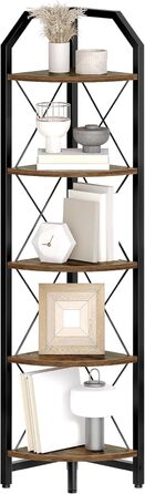 Кутова полиця з 5 полицями, промислова книжкова шафа, окремостояча підставка для дисплея, кутова полиця для ванної кімнати, підставка для рослин, для спальні, кухні, рустикальний коричнево-чорний DTCJ10BF