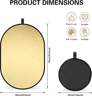 Відбивач світла 5 в 1 Фоторефлектор 60x90см Овальний розсіювач для фотографії Складаний рефлектор для портретної фотографії Селфі Весільна фотографія Зовнішнє освітлення 60x90см Напівпрозорий/Сріблястий/Золотий/Білий/Чорний