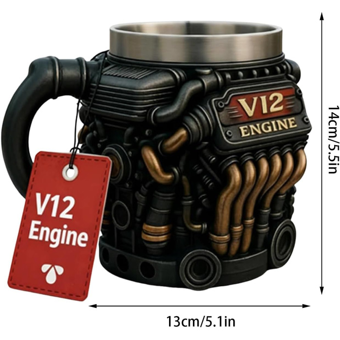 Кавова кружка, 300 мл, V12, нержавіюча сталь, двостінна, реалістичний дизайн, кавова кружка з мотивом двигуна для зими, балкону, двору, використання на вулиці, саду, пікніка, кемпінгу, вечірки, віскі