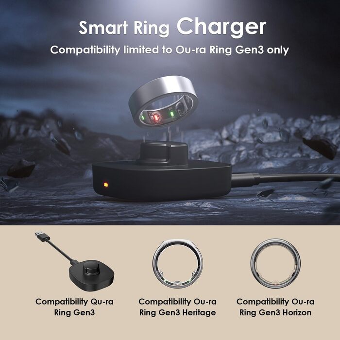 Розумний зарядний пристрій Smart Ring розміру 11 сумісний з нашим Ring Gen3, док-станція для швидкої зарядки, включаючи кабель USB-C, зарядний пристрій для розмірів 6/7/8/9/10/11/12/13