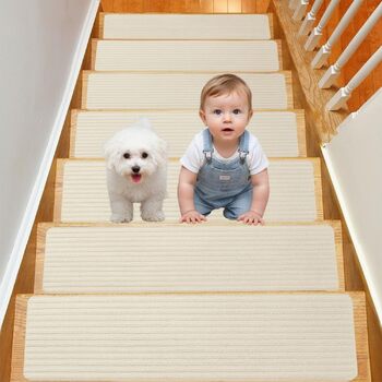 Килимків для сходів, нековзні килимові сходинки, самоклеючі килимки для сходів для приміщень, самоклеючий килимок для сходів, що ріжеться, килимок для сходів для дітей та людей похилого віку (кремовий), 15