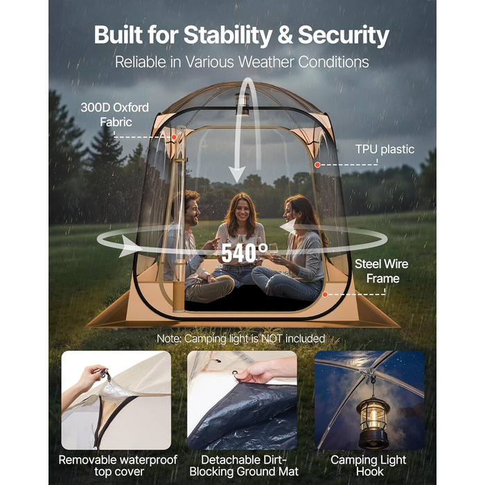 Прозорий намет VEVOR, 160x160x182 см, Розкладний намет для 2-4 осіб, Спортивний намет з килимком на землі та верхнім чохлом, Намет-пухирець для зовнішнього використання, Кемпінговий намет для заходів, риболовлі, святкувань