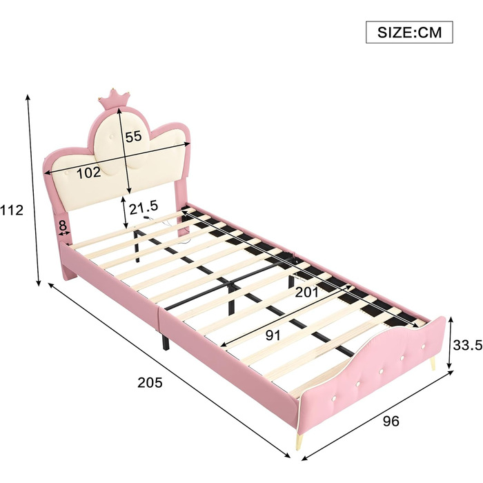Дитяче м&39яке ліжко Merax 90x200 см зі світлодіодними стрічками, односпальне ліжко для дівчаток, хвилеподібне узголів&39я з вінцем, каркас ліжка з рейковою основою та узніжжям, дитяче ліжко, ПУ, без матраца, рожево-біле 90 x 200 см рожево-біле - зі світл