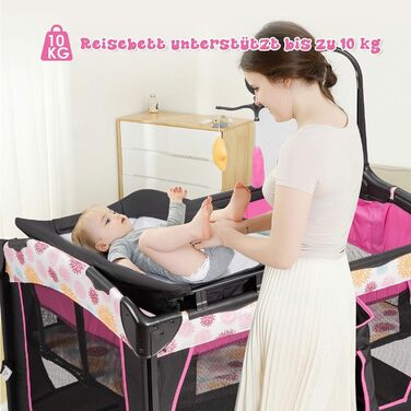 Складане дорожнє ліжечко FANTASK 4-в-1 до 15 кг, мобільна колиска, приліжкове ліжечко, пеленальний столик та манеж, дитяче ліжечко з регульованою висотою на 2 рівнях з сумкою для перенесення, матрацом та музичним мобільним пристроєм