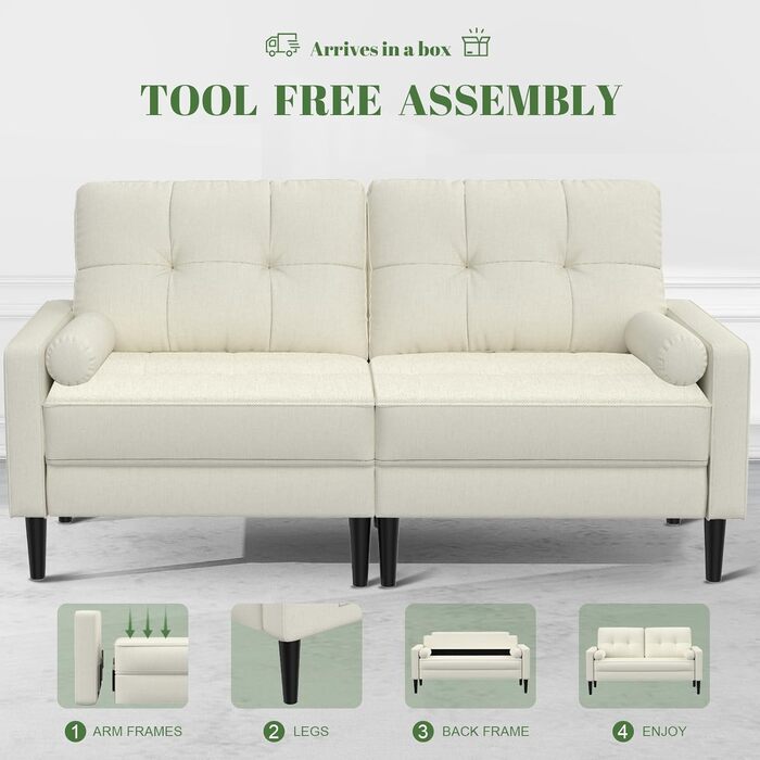 Місний диван, невелика кушетка з 2 подушками та підлокітниками, лляний диван у стилі середини століття для вітальні, спальні, бежевий кремовий колір, 2-