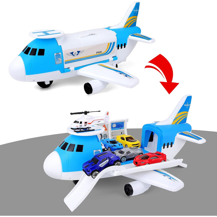 Іграшка deAO Transport Airplane, 19-елементний транспортний вантажний літак з ігровим набором для автомобілів та дорожніми знаками для вертольотів, ігровий набір "Зроби сам" з рампою для дітей віком 2-3 роки, хлопчиків та дівчаток