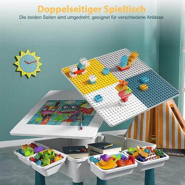 Дитячий стіл 7-в-1, комплект дитячого столу та стільця, стіл з будівельних блоків, багатофункціональний робочий стіл, розвивальна іграшка для розвитку дитини, двостороння стільниця (з 548 будівельними блоками)