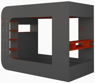 Дитяче двоярусне ліжко з ігровим столом в антрацитовому та червоному кольорах