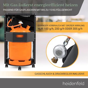 Газовий обігрівач Heidenfeld Inferno GH100, 4200 Вт, газовий обігрівач для використання в приміщенні, газова духовка, газовий обігрівач, газові балони до 15 кг, газовий шланг (чорний)