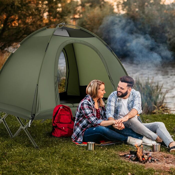 Розкладне ліжко COSTWAY з наметом для 2 осіб, кемпінгове ліжко з дощовиком, 2 сітчасті двері, мансардний вікно та сумка на колесах, кемпінговий шезлонг, вантажопідйомність 300 кг, 194 x 145 x 150 см, зелений