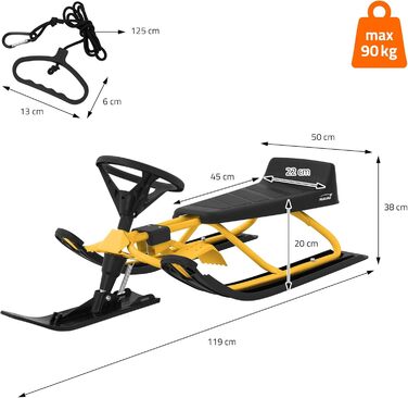 Німеччина Санки з кермом, дитячі санки від 5 років, скібоб для дітей та дорослих до 90 кг, санки з кермом, ножні гальма, тяговий т