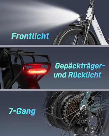 Електричний велосипед DYU C9 E-Bike для чоловіків та жінок - Електровелосипед з акумулятором 48 В 15,6 Аг, колесами 20 x 3,0 дюйма, 7-ступінчастою коробкою передач зі світлодіодним дисплеєм, двигуном 250 Вт та швидкістю 25 км/год, запасом ходу до 150 км, 