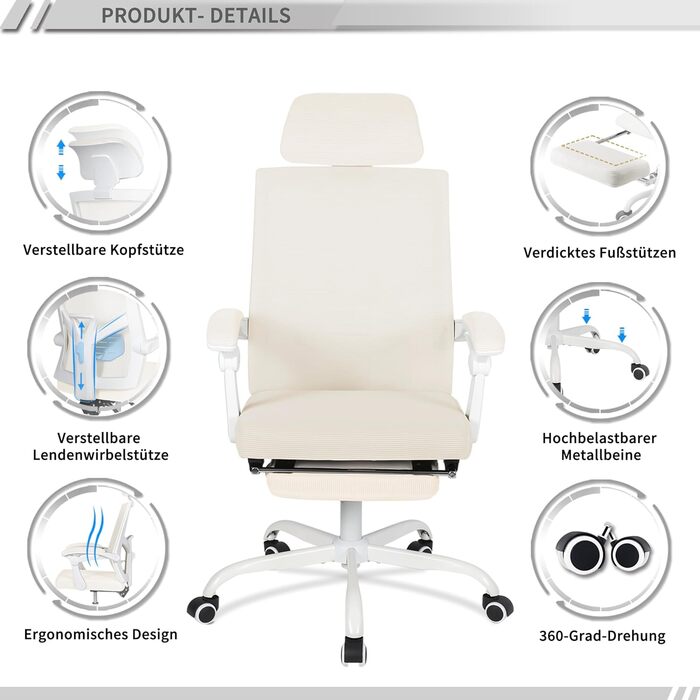 Ергономічне офісне крісло UEV з сітки, стілець для роботи з підставкою для ніг, обертове крісло з регульованим підголівником та поперековою опорою, регулювання висоти та нахилу до 135, дихаюча тканина, бежевий колір