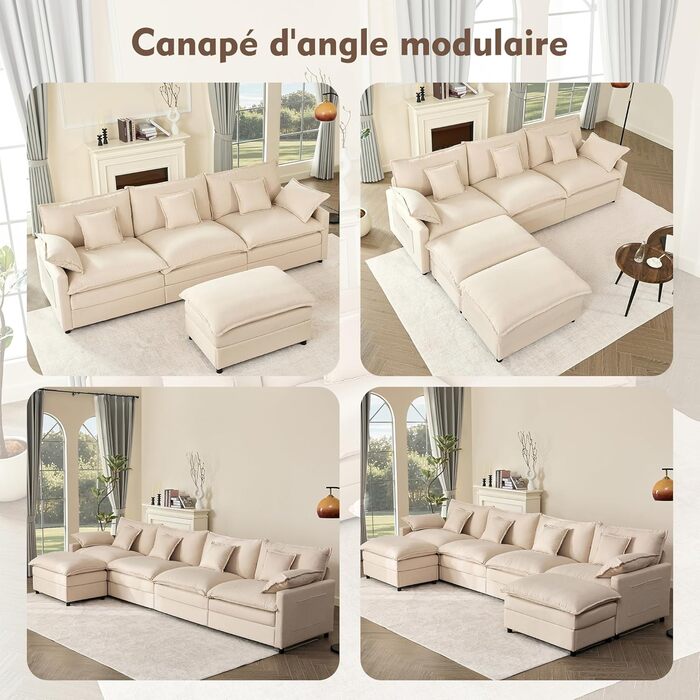 Подібний модульний диван, 3-місний кутовий диван з пуфом, дизайн з глибоким сидінням, диван Cloud для вітальні (бежевий)