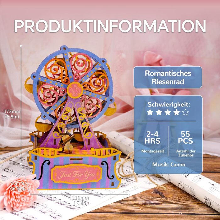 Музична скринька Tonecheer Дерев'яний 3D-пазл, набір моделей для сім'ї котів своїми руками для дорослих, обертова музична шкатулка, дерев'яна головоломка Подарунки для прикраси будинку Подарунок на день народження Різдвяні підлітки (колесо огляду)