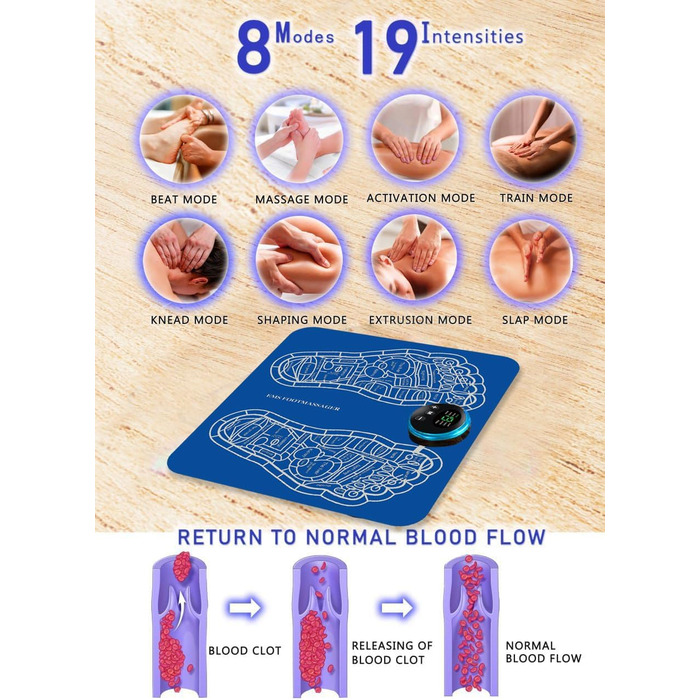 Масажер для ніг, електричний масажер для ніг, складаний і портативний електричний масажер для ніг, масажер для ніг EMS, портативний масажер для ніг USB, 8 режимів і 19 інтенсивностей