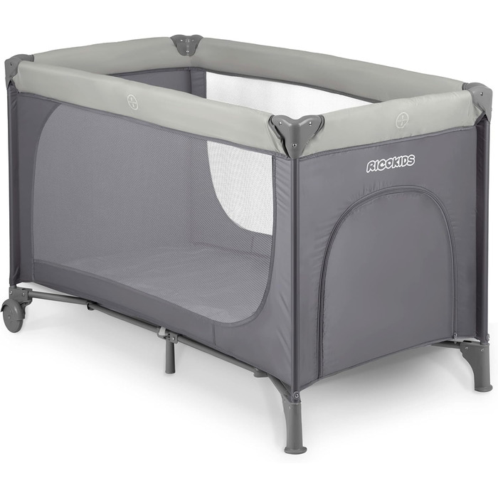 Дитяче ліжечко Ricokids, портативне, манеж, 125x65x78 см, вантажопідйомність 15 кг, складне, два колеса з гальмами, знімний бічний вхід, матрац, сумка, світло-сіре ліжечко, колір Hellgrau
