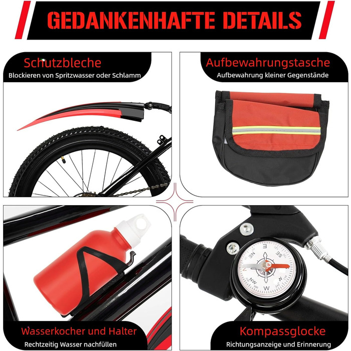 Дюймовий дитячий гірський велосипед для хлопчиків та дівчаток, 7-швидкісний гірський велосипед з бризковиками, пляшкою для води, дзвінком-компасом, вантажопідйомність 85 кг, вік 8-13 років, червоний, 20-