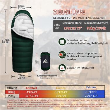 Пуховий спальний мішок для дорослих, високоякісний зимовий спальний мішок 680FP, підходить для кемпінгу, походів та подорожей, включаючи компресійний чохол. -4 Зелений
