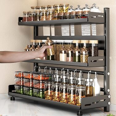 Стійка для спецій Devesanter, стояча, 3 яруси, велика місткість для зберігання, кухонна полиця, регульована по висоті металева підставка для спецій, кухонна полиця, стояча для зберігання на стільниці, чорна