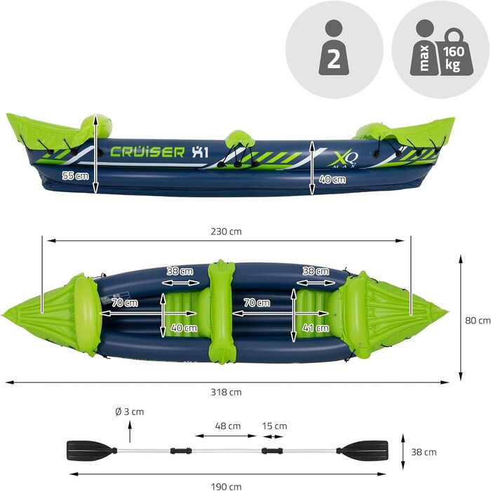 Надувний човен ECD Germany Cruiser 2.0 / Cruiser 3.0 / Надувний каяк Cruiser X1, для 2 осіб, весловий човен, рибальський човен, човен для відпочинку, надувний човен, повітряний каяк, каное, різні моделі каяків - Cruiser X1