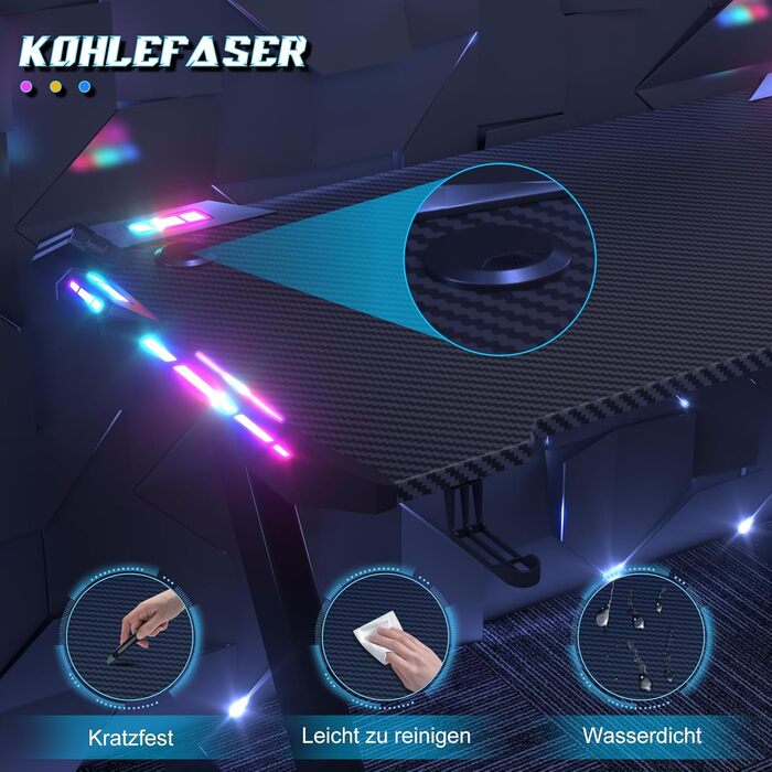 Ігровий стіл JUMMICO зі світлодіодним освітленням, ігровий стіл RGB, міцний комп&39ютерний стіл для домашнього офісу та геймерів, ігровий стіл з тримачем для навушників та підсклянником, 120 x 60 см, чорний 120x60см