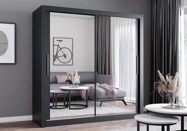 Шафа з дзеркалом - Шафа з розсувними дверима - Шафа для спальні - 64 x 203 x 215 см - Шафа для вітальні - Вішалка для одягу, Шафа з двома дверима, Сучасна 200 см Чорного кольору