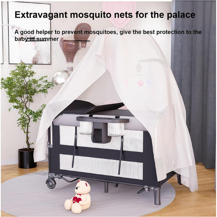 Дитяче дорожнє ліжечко Pack and Play, складна та трансформована дитяча колиска, регульована дитяча колиска, приліжкове ліжечко для малюків з москітною сіткою (сірий колір з сіткою) 6602 сірий з розкішною москітною сіткою