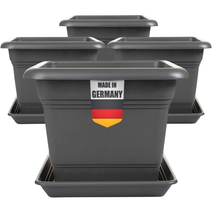 Набір з 4 великих квіткових горщиків з блюдцями, квадрат 28x28 см, 16 літрів, великі кашпо для вулиці, горщики для помідорів, квіткові горщики, горщики для рослин, Зроблено в Німеччині, Антрацит