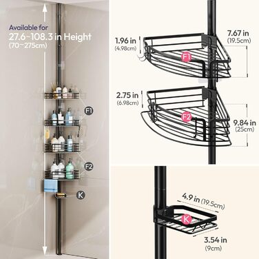 Кутова полиця для душу без свердління, телескопічна, регульована по висоті. Тримач для шампуню з 4 кошиками, нержавіюча сталь (70-267 см, чорний). Чорна 4-кошикова телескопічна полиця.